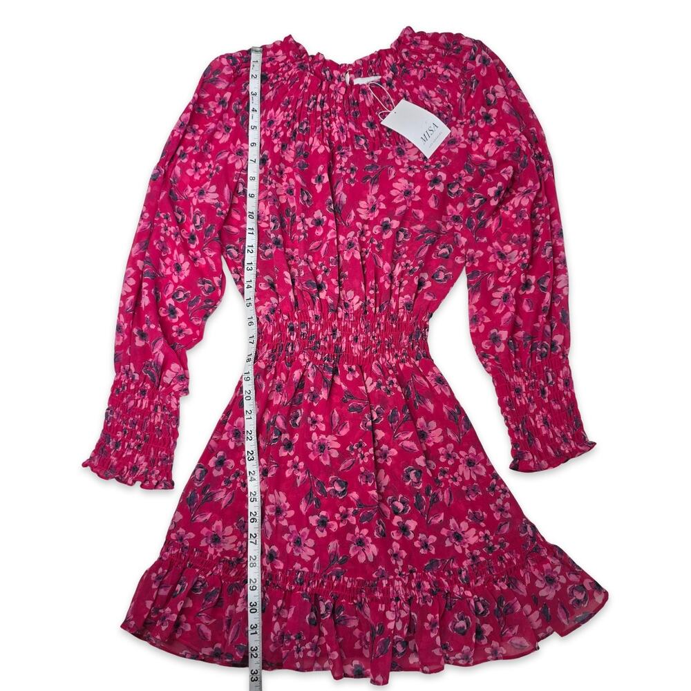 MISA Los Angeles Floral Mini Dress Size XS Pink Long Sleeve Smocked Waist NWT - Picture 2 of 12